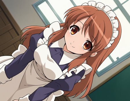 score_9, score_8_up, score_7_up, source_anime,
mikuruasahina,  <lora:mikuru-asahina-s1-ponyxl-lora-nochekaiser:1>,
mikuru asahina, long hair, brown hair, brown eyes,
long sleeves, apron, maid, maid headdress,
indoors, classroom, bent over, smile,
looking at viewer, dutch angle, cowboy shot, solo,