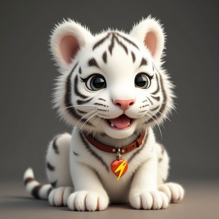 Baby white tiger wearing a collar with a lightning bolt tag, text ‘buzz’