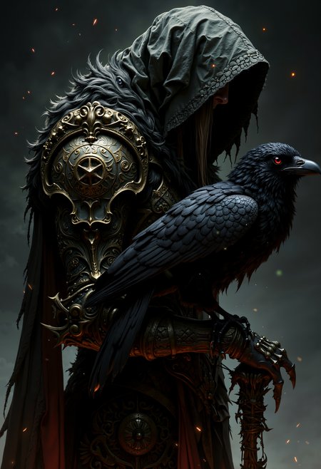 bo-an1me, high quality, ultra detailed, dark fantasy illustration of, A dark, atmospheric portrayal of a cloaked figure with a raven perched on their arm. The figure wears a hooded cloak and ornate, metallic armor with intricate designs. The raven's beak is sharp and pointed, and its eyes are focused intently on something in the distance. The dark background is filled with sparks, creating a dramatic and mysterious atmosphere. The color palette consists primarily of dark shades of gray, black, and brown, with the raven's silver and black feathers contrasting against the lighter background. The image conveys a sense of mystery and foreboding, suggesting a narrative or narrative setting.<lora:boFLUX Anime Abyss.safetensors:1.0:1.0>
