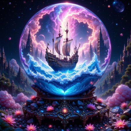 bo-exposure, pinketherealmj, a crystal ball showing A beautiful magical ocean inside, with a fleet of fantasy style  mini viking ships. The crystal ball is floating inside a colorful cosmic storm on space, magical glow, internal glow, magic, fantasy, glowing, colorful,