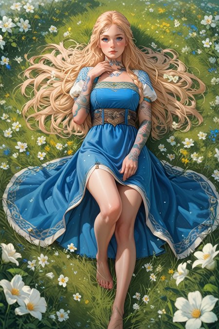 score_9, score_8_up, score_7_up,
 <lora:GOWSif:0.8>
GOWSif, 1girl, blonde hair, blue eyes, long hair, tattoo, looking at viewer, lying down in a field of white flowers, dress, barefoot, looking at viewer, blushing