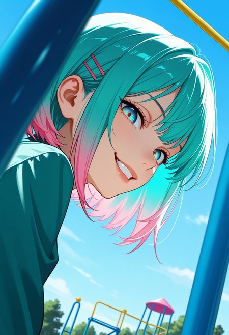 masterpiece, best quality, high quality, high details, source_anime, score_9, score_8_up, score_7_up, extremely detailed,
perfect face, 
gradient eyes, multicolored eyes, blue eyes, emerald eyes, 
multicolored hair, aqua hair, pink hair, colored tips, bob cut, hairclip, hairpin, 
Looking at viewer, from below, from side,
Open air playground, small park, day,
Evil smile, domination looks, realistic shadows, very aesthetic, cinematic light,