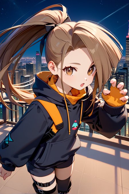 score_9, score_8_up, score_7_up, very aesthetic, source_anime, detailed,
cityscape, night,
cowboy shot, 
open mouth,
1girl, flat chest, petite female,
<lora:suzu_autismConfetti_v01:1>suzurnd, brown hair, brown eyes,  high ponytail, long hair,
black hoodie, asymmetrical legwear, black boots, claw pose,, zPDXL
