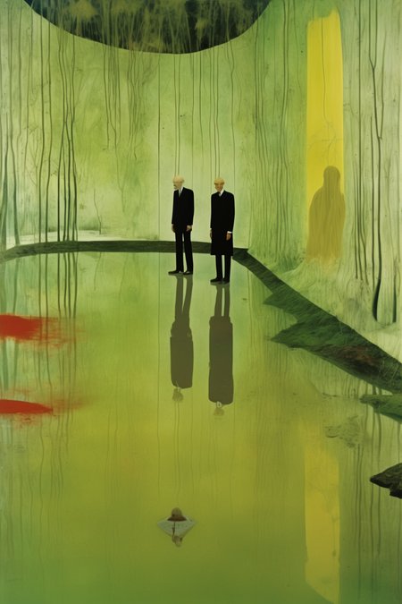 <lora:Peter Doig Style:1>Peter Doig Style - An outstanding color photograph by Peter Doig in collaboration with Marcel Duchamp. In the photo you can see Valeria visiting a place is full of beautiful and fascinating archetypical figures that emerge from the very depths of the human condition and our collective subconsciousness, they gathered to unveil us the very place where Art comes from / Set up: