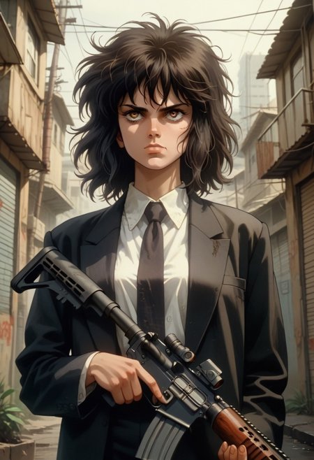 score_9, score_8_up, score_7_up, source_anime, 
1girl, solo, 
medium hair, black hair, messy hair, 
expressionless, (empty eyes:0.7), (smirk:0.7), (smug:0.80), 
business suit, necktie, white shirt, 
outdoors, streets, 
cowboy shot, dutch angle, untucked shirt,
retro, ghostintheshellstyle,
ho1ding-weap0n, holding rifle