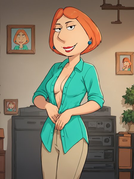 <lora:Loispony1.2:1> lois,1girl, blue earrings, jewelry, short hair, solo, lipstick, makeup, orange hair, aqua shirt, beige pants,looking at viewer, smile, indoors,breasts, open clothes,  score_9, score_8_up, score_7_up, score_6_up, score_5_up, score_4_up