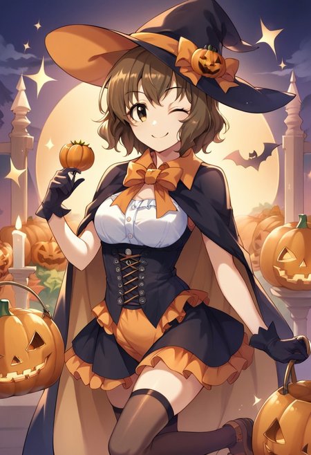 score_9, score_8_up, score_7_up, source_anime,namiki meiko, brown hair, brown eyes, short hair, one eye closed, 1girl, hat, witch hat, thighhighs, gloves, halloween, cape, smile, jack-o'-lantern