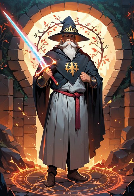 score_9, score_8_up, score_7_up, score_6_up, 
full plate armour,
darkness, stone wall and archway, vines on the wall, dark, full armor, full body, gauntlet, helmet
walking
magic, magic circle, 
claymore, large sword, magical sword, 
wizard hat, beard, mustache, facial hair, huge beard,