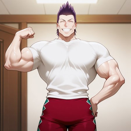 perfect anatomy, masterpiece,best quality,amazing quality, Razor, male, muscular, solo, white shirt, purple hair, spiked hair, closed eyes, tall, broad shoulders, red shorts, green and yellow sneakers, fullbody, flexing, grin,