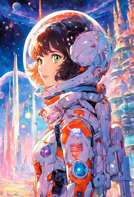 Caroline Diethard Sorg, Woman spacesuit, helmet, alien landscape, alien sky, glowing crystal buildings in the background, Macross