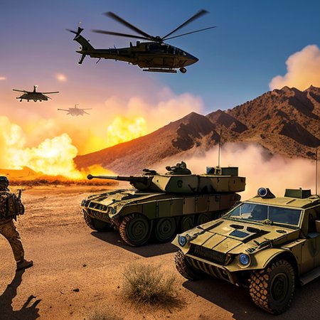 bf2042,
Best quality, masterpiece, ultra high res, (photorealistic:1.4), detailed skin, cinematic lighting, cinematic highly detailed, colorful,
modern Photograph, a group of soldiers in battlefield,
battlefield explosion everywhere,
jet fighters and heli copters flying in the sky,
two tanks on the ground,
In desert area ,
buildings on fire and one abandoned military armored vehicle in the background, 
<lora:ztz99ATank_ztz99ATank:0.3>