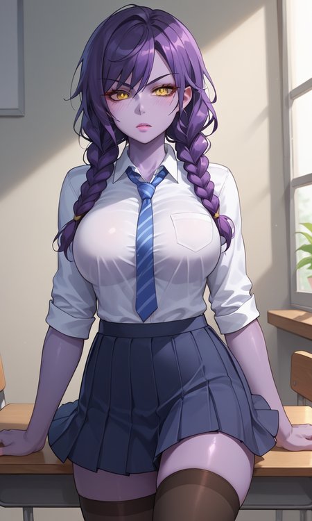 anime style, anime studio, vibrant, (score_9, score_8_up,score_7_up), masterpiece, best quality, ultra quality, 1girl, glavakolhoza_shyvana, toned, school yard, (no helmet:1.1), no horns, (colored skin:1.1), (purple skin:1.2), (purple freckles:1.1), yellow eyes, (big breasts:1.2), long hair, twin braids, <lora:glavakolhoza_shyvana:0.85>, school uniform, skirt, shirt, stockings, relaxed pose