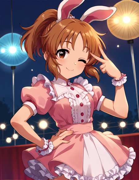 score_9,score_8_up,score_7_up,1girl,solo,cowboy shot,looking at viewer,smile,wink,closed mouth,v over eye,hand on hip,stage lights,
<lora:abenana_ponyXLV6:0.8>,cgabnn,
brown hair,ponytail,brown eyes,
white rabbit ears,pink dress,frilled dress,puffy short sleeves