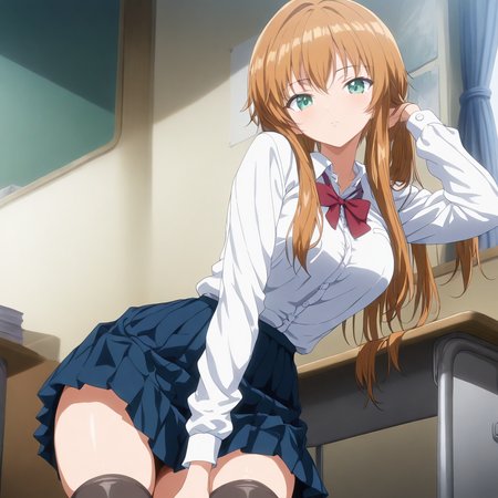 masterpiece,high score,great score,absurdres,looking at viewer,1girl,solo,school_uniform,skirt,thighhighs,<lora:Misaki_Hold ag4o v1:1> misaki_hold, brown hair, long hair, green eyes,