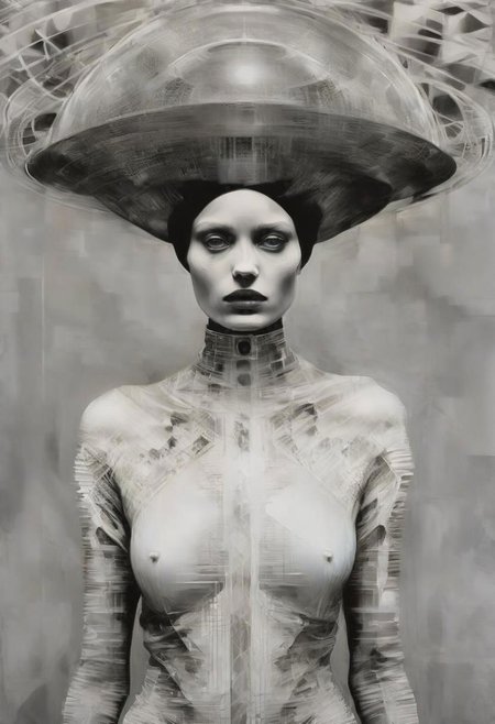 Monochrome black and white, Giger, Beksinski, Zawadzky, Dali, Magritte, Delvaux, Bellmer, Malevitch, Rodchenko, Mondrian, Kandinsky, Popovna, psychedelic hallucination, pop surrealism, rough crosshatch drawing pop art Lunatic_Portrait of a young woman in latex Avant-garde Fashion page, slick back, low bun, black makeup, sinister expression, intense glare, avant-garde, abstract, weird, geometric, constructivism, suprematism, rayonism, verticism, lineism, tj