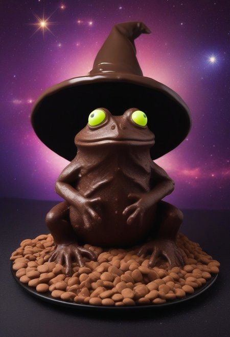 (chocolate frog with a wizard hat made of chocolate with googly eyes), eating chocolate goo, sharp teeth,  surrounded by chocolate chips
 Close up, space stars background.
(skeleton glowing)
zavy-flrscnc, fluorescent, fluorescent spraypaint,