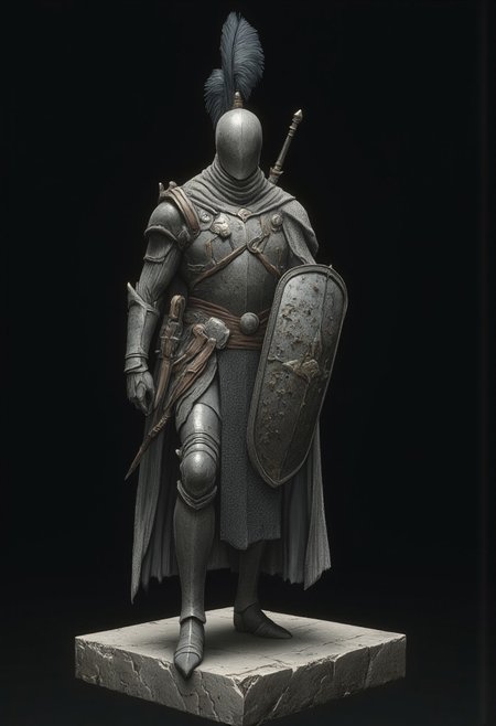 Standing in a hyper stanced extended action pose
A feathered knight with a cape, holding a templar shield, and a gladiator sword, wearing a praetorian helmet, rustic armor and leather sash
Set against a solid dark black color background to emphasize its unsettling unnatural form that emphasizes its silhouette. The medium is not a traditional painting or illustrative medium like watercolor or ink but rather a digital 3D rendering.
MikeFranchinastyle, d4artstyle, d4concept, , bbstyle,, horror theme,, zbrush, ZBClay model of a gray sculpture, 1990's, 1990's style