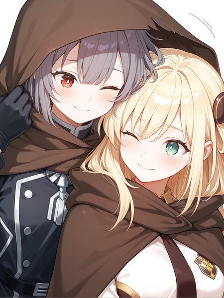 2girls, one eye closed, smile, shared cloak, blush, white background, upper body, simple background, closed mouth, looking at another, sky striker ace - raye, ordinary uniform, brown hair ornament, white cropped jacket, brown necktie, sky striker ace - roze, black military uniform, black gloves, brown cloak
masterpiece,best quality,amazing quality,very aesthetic,absurdres,newest,<lora:Sky striker ace - Raye & Roze illusXL v1.1:0.71>,