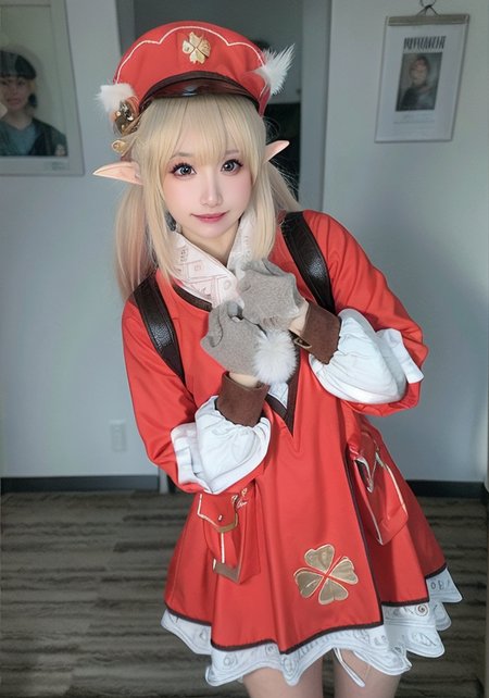 (masterpiece, best quality),  (photo realistic:1.55),(ulzzang-6500:0.65),detailed,  pointy_ears, hat, blurry_background, solo, blurry, 1girl, blonde_hair, hat_feather, elf, photo_\(medium\), gloves, klee_\(genshin_impact\), backpack, realistic, bag, depth_of_field, red_headwear,mittens,upper body,selfiemirror,(((arm around back))),