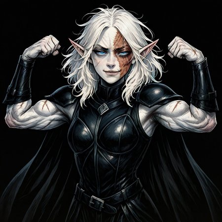 masterpiece, best quality, newest, absurdres, highres, 
FCOMV1.0,
1girl, pale, white skin, colored skin, pale skin, elf, pointy ears, muscular woman, cape, scar, scars on face, white hair, medium hair, messy hair, smug, blue eyes, detailed eyes, armor, black armor, black leather, leather amor, cape,
flex, flexing,