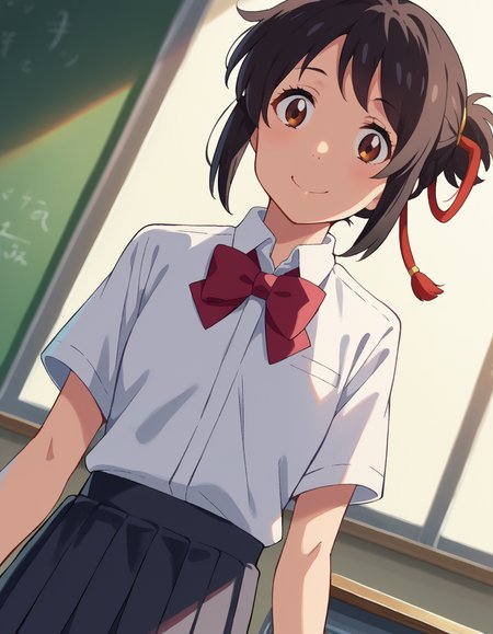 score_9, score_8_up, score_7_up, source_anime,
mitsuhamiyamizu, <lora:mitsuha-miyamizu-ponyxl-lora-nochekaiser:1>,
mitsuha miyamizu, black hair, brown eyes, smile,
short hair, bow, ribbon, hair bun, school uniform, hair ribbon, bowtie, red ribbon, shirt, white shirt, collared shirt, short sleeves, skirt, black skirt, pleated skirt,
indoors, classroom,
looking at viewer, dutch angle, cowboy shot,