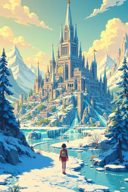an ice city beautiful  landscape, bright sunny sky, woman, very intricate, very detailed, sharp, bright, colorful, <lora:Hand v2:0.5> <lora:Anti-Blur:1><lora:Insane Detail Slider:0.25>  <lora:flux.1_lora_flyway_Epic-detail_v2:0.3> <lora:fluxenhancer:0.25> <lora:ROWER:0.8> <lora:flux-charmer-v1-1:0.4> <lora:Anime art - Variant 3:0.6> Anime art