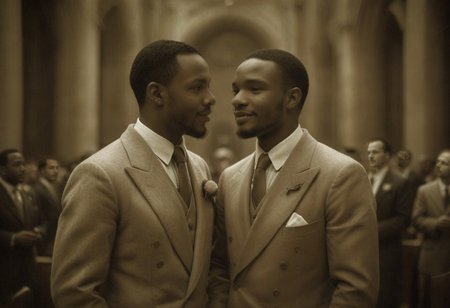 (((((A professional, hyper-realistic, ultra-high-resolution monochrome photo in deep AgedSepiaCE tones, resembling authentic 1930s vintage monochrome photography))))). (((((((The entire image is monochromatic sepia with no color))))))). two very happy smiling handsome gay african men marrying each other, dressed in white tuxedos, with dark lapel flowers and dark bow ties, getting married inside a grand Catholic cathedral. They are leaning in towards each other, kissing. Both gazing into each others' eyes. ((((((The lighting and shadows reflect a soft, aged sepia hue, with a warm, nostalgic atmosphere typical of 1930s wedding photographs)))))). The photo has some signs of wear. on the edges and a couple of scratches.