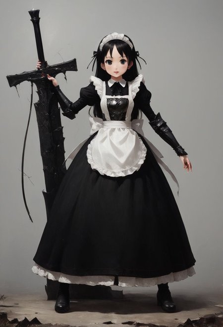 (zPDXL2),  1girl, (a cute maid holding a single weapon in her left hand:1.4), full body, (((one-handed grip, giant long sword, weapon raised, thick blade))), light armor, dress, maid, shortstack, dainty, (waste land background, in the distance many broken weapons scattered about, battlefield), 
BREAK expressiveh