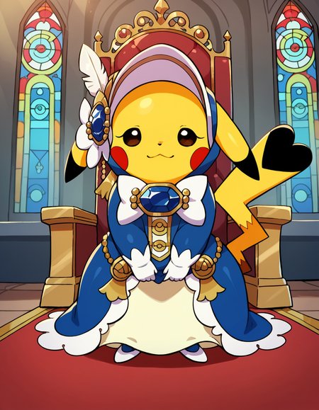 zPDXL, score_9, score_8_up, score_7_up, score_6_up, score_5_up, 4k, absurdres, looking at viewer, <lora:Perfect Hands:0.8> Perfect Hands, 1girl, solo,
<lora:CosplayPikachu v2:0.8> cosplay pikachu, pokemon \(creature\), pikachu ears, pikachu tail, feral, shortstack, flat chest,
bellechu, blue dress, blue chest jewel, bonnet, hat feather, ribbon, bow, ears down, white gloves, white trim, frilled dress, white footwear, holding dress,
(indoors, a regal throne room, with a large throne, red carpet, stained glass windows, sunlight streaming through)