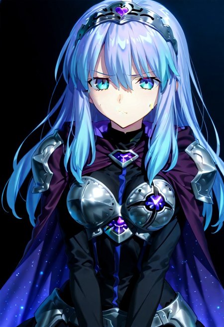 score_9, score_8_up, score_7_up, ((solo)), calm, pout, closed mouth, 1girl, solo, (medium breasts, thin waist, wide hips), peaceful, closed mouth, adult, (((eirika face))), (((cyan hair, cyan eyes))), ((long hair, hair between eyes)), (((indigo cape, metal headband, green metal_uniform, metal breast_armor))), no background, dark background, cowboy shot, dark background, portrait, Expressiveh,