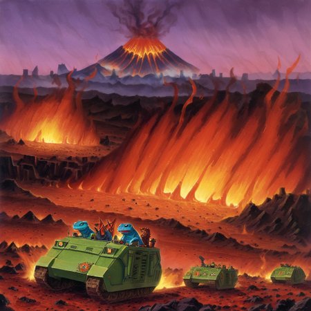 lizard people driving a green tank in a lava field, rhnoapc, military vehicle, ground vehicle, volcano, fire, magma, hot, steam, smoke, castle in background, 1980s fantasy art