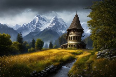 realistic analog photo, award winning photo, 
fantfa, background, mountain, stream, trees, foreground, field, house, farm, witow, a wizard watch tower,
high-quality, crisp, sharp, professional-grade, high-resolution, fine detail, accurate colors, low noise, fast shutter speed, wide dynamic range, precise focus, RAW, highres, 8k, uhd, High Dynamic Range, tonemapping, crisp details,