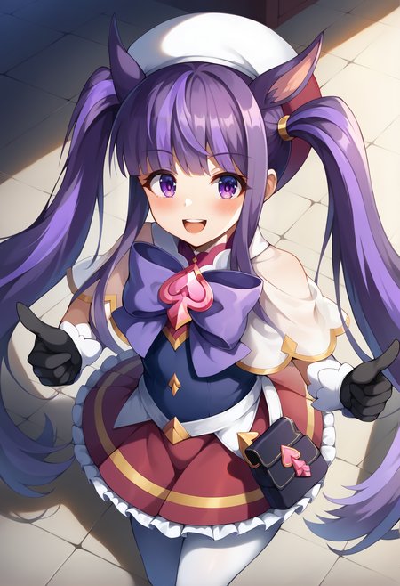 score_9, score_7_up, hd, (ultra hd quality details), source_anime, indoors,
solo, 1girl, pcrkasumi, long hair, extra ears, dog ears, dog tail,
ksmmag, very long hair, two-tone hair, purple hair, magical girl, twintails, hat, capelet, purple bow, sleeveless, spade_\(shape\), keyhole, black gloves, frilled skirt, red skirt, holster, white pantyhose, thigh boots,
looking at viewer, blush, smile, open mouth, 
standing, pointing, from above,
<lora:_kasumi_pcr-elesico-ponyA:1>
