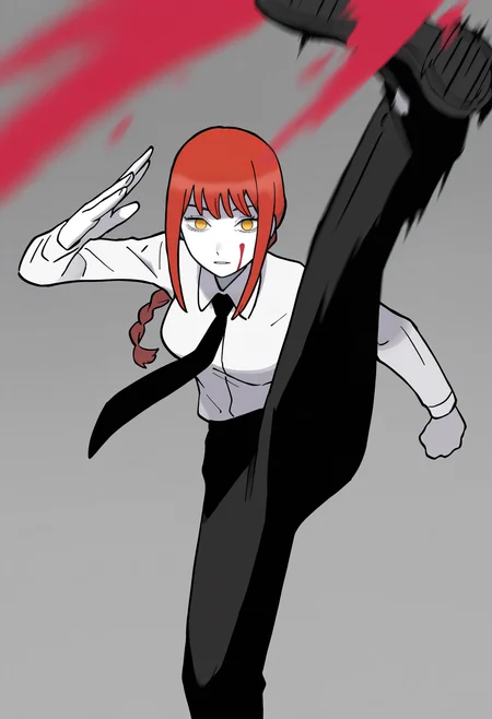 sugimori ken,
best quality, amazing quality, very aesthetic, absurdres,
1girl, Makima (Chainsaw Man), 1girl, red hair, braided ponytail, long hair, ringed eyes, yellow eyes,
black necktie, business suit, collared shirt, office lady, white shirt, white skin, black pants,
formal, gendou pose, long sleeves,
looking at viewer, red blood on face, clenched hand, greyscale, kicking, monochrome, motion blur, motion lines, split, spot color, standing on one leg  <lora:KenSugimoriIllustriousLocon_byKonan:1>