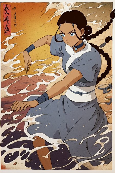 score_9, score_8_up, score_7_up, score_6_up, score_5_up, score_4_up, <lora:katara-book2-ponyxl-lora-nochekaiser:0.8> ,katara, long hair, blue eyes, brown hair, black hair, hair ornament, hairclip, braid, single braid, braided ponytail, dark skin, dark-skinned female, choker, short sleeves, robe, blue robe, sash,<lora:traditional_Japanese_art:0.8>,  traditional japanese art, 1girl, solo, alone, fighting stance, masterpiece, highres, water