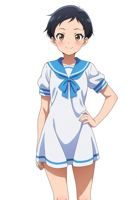 masterpiece, best quality, amazing quality, anime coloring, anime screencap, 1girl, solo, very short hair, black hair, smile, hand on own hip,  simple background, white background,  sailor dress,
