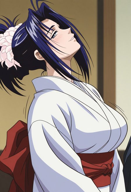 masterpiece, best quality, newest, highres, uncensored, 1girl, yokota mamoru style,1girl, slender face，motion lines,blush,looking at the viewers,torogao,seductive smile
Amou Miyuki OVA,Black Hair, Blue Hair, Curtained Hair, Parted in Middle, Ponytail, Waist Length Hair,Blue Eyes, Tareme Eyes,Big Breasts,
1girl, japanese clothes,kimono, profile, hair up, solo, blurry, headdress, solo focus, uchikake