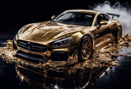 GOLD LIQUID METAL sports car, race car, racing through SILVER LIQUID METAL, liquid metal sprays up from the cars tyres, Car drifting in a black void