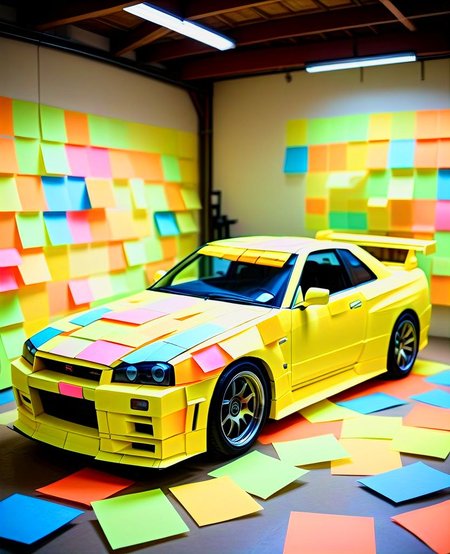 a nissan skyline gt-r made of  StickyNotes in morning, garage <lora:StickyNotesStyle:0.9> Jed-StickyN,