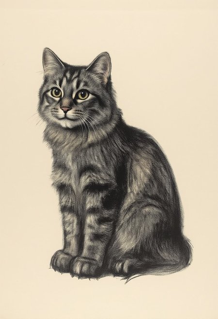kako1 black and white charcoal drawing. 
The image is a monochromatic drawing rendered in charcoal on a light beige background. It depicts a haunting, stylized figure of a fluffy, medium-sized cat named Allie with a mottled coat featuring dark brown and black tabby stripes. Her fur is rendered in deep, dark shades of charcoal, giving it a rough, textured appearance.