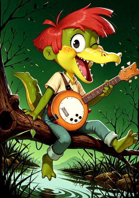 <lora:ArloIllustrious2-000040:1> cartoony, short stack, solo, Arlo Beauregard, black eyes, alligator, red hair, freckles, scalie, young, overalls, yellow shirt, clothed, (playing a white round banjo guitar), portrait, happy, open mouth, sitting on a tree branch, one eye closed, looking at viewer, spread toes BREAK
dutch angle, low-angle view, swamp, dark green sky BREAK
<lora:spo_sdxl_10ep_4k-data_lora_webui:1>, perfect quality, best quality, clear composition, absurdres, high resolution, newest (masterwork, masterpiece, hyper-detailed, 8k uhd) BREAK
lazyposâââ
