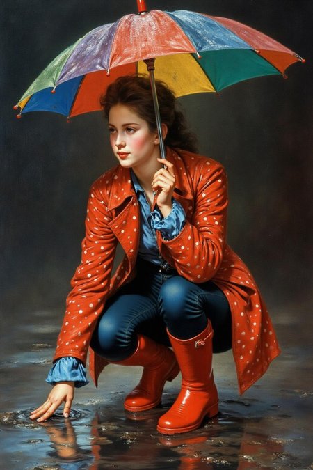 josephwright1 painting. 
A young woman, angled from slightly above and to the right, crouching low to the ground in a puddle. The young woman is wearing bright red rubber boots and a red jacket with white polka dots. The jacket sleeves are pushed up to reveal blue cuffs. The young woman also wears dark blue jeans. she extends her right index finger to touch the water in the puddle. Above the young woman is a large, open umbrella with rainbow-colored panels and a red handle.
 <lora:josephwright1_cap_d6a3e12:1.0><lora:849158571697405710:0>
