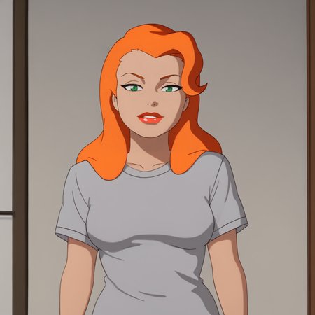 <lora:poisonivybtas_pony_v1:.8> PoisonIvyShirt, 1girl, solo,  green eyes, lipstick, t-shirt, long hair, orange hair, makeup, breasts, dark skin, short sleeves, red lips, cowboy shot
