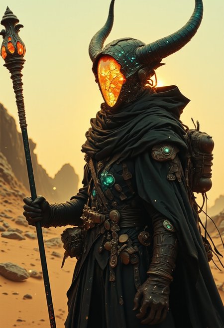 A surreal cyberpunk setting under a gritty bleaked beige and Yellow desert sunset, an eerie horned sci-fi shinobi scout with billowing octopus backpack stands in a sandstorm, their holographic crystalline mask glinting like shattered rainbows. Iridescent teal energy veins pulse across their form. The atmosphere is thick with heat distortion, glowing particles floating in the air. dark atmospheric lighting, Holding a Low Key luminous orb-staff