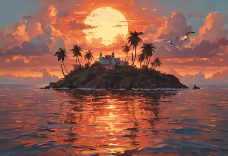 a beautiful view of a small island in the middle of ocean, some palms in the middle of island, at sunset, with suns in the background, the suns reflects on the ocean, the sky with reddish shades, some clouds in the sky, some seagull fly in the sky
detailxl,<lora:vivid_everclear:0.35>  <lora:Sinozick:0.35>  <lora:MJ52:0.35>