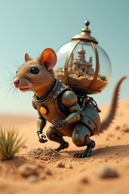 national geographic photography of a desert mouse in the desert, he transport a terrarium with a miniture city on his back, realistic, mechanical vegetal cyborg, futuristic robot organisms, steampunk robot mouse, steampunk animal