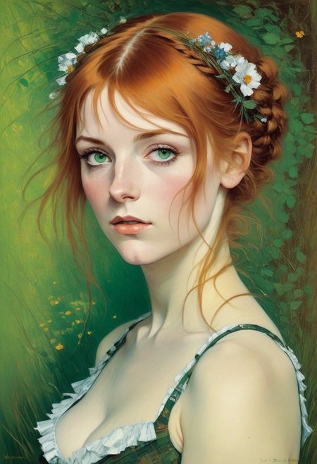 beautiful irish redhead, deep green eyes, short hair with single braid, wild brush strokes,, <lora:add-detail-xl:2>, famous artwork (by john berkey:1.2), (fractal art:1.2), fantasy style,, (by Henry asencio:1.1), (by Josephine Wall:1.1),  (by Edgar Degas:1.2), (by Pierre-Auguste Renoir:0.9), (by Claude Monet), (by Vincent Van Gough:), (by J M W Turner), (by Hokusai) and  (by James Gurney) , (oil painting), (Art Nouveau), (by Gustav Klimt:), (by Egon Schiele), (by Oskar Kokoschka), (by Alphonse Mucha), (in ukiyo-e art style:0.6), (masterpiece:1.2), (epic composition:1.4), (talent:1.2),,  ,   <lora:Sutech_Fusion:1.2>