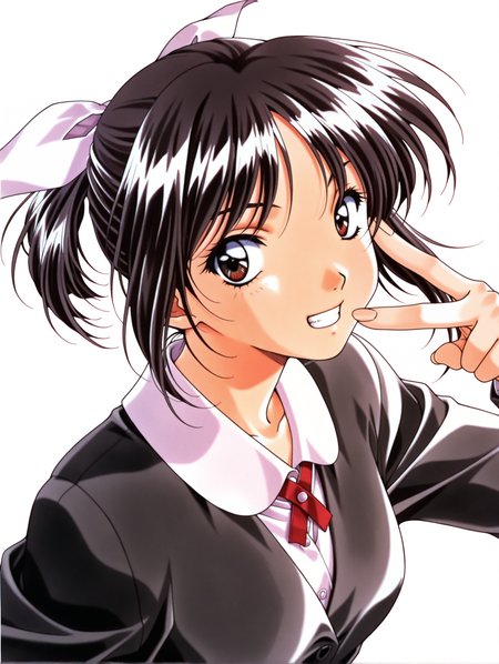masterpiece,best quality,newest,
1girl,solo,
<lora:morii_kaho_ilxl_v1.0:1>,kaho,black hair,white hair bow,brown eyes,k_clothes,jacket,long sleeves,1990s \(style\),retro artstyle,
<lora:Fixhands_anime_bdsqlsz_V1:1>,white_background,simple_background,looking_at_viewer,upper_body,grin,v over eye,portrait,
