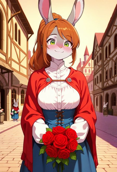 masterpiece, best quality, amazing quality, 1girl, hare, rabbit ears, grey fur, auburn hair, long hair, ponytail, green eyes, furry, medieval clothes, white blouse, blue skirt, red shawl, athletic body, medium bust, smiling, blushing, holding bouquet of roses, medieval city, happy, rated pg, evening