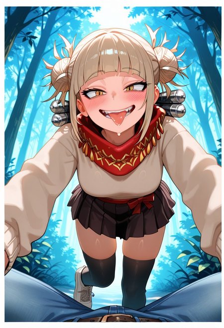 Score 9, Score 8, Score 7, Masterpiece, High Quality, Good Quality, Latest Model, High Resolution, Absurd, ((White Border)), Cinematic Lighting, High Contrast (Rim Light: 0.6), Dynamic Vision, <lora:illustriousXL_stabilizer_v1.23:0.3> <lora:NOOB_vp1_detailer_by_volnovik_v1:0.3> <lora:ponyv6_noobE11_2_adamW-000017:0.45> <lora:checkpoint-e18_s306:1.5> <lora:haiz_ai_illu:0.7>, Vibrant Colors, Bright Color, Dynamic Pose, Dynamic Angle, Dynamic Composition, Dynamic Colors, Colorful Image, High Contrast, Saturated Colors, Thick Line, Bright Colors, Good Lighting, Color Saturation,
masterpiece, best quality, source_hentai, medium shot,
Pretty Face, pretty, cute, excited, impatient, a girl, alone,Toga_Himiko, medium breasts, 
In the middle of the forest, blue-lit forest, leafy bushes,
Stalking, beige sweater, black knee-high socks, brown dress shoes, black skirt, red bow around neck, jaw-shaped scarf, belt with green pockets,
Looking directly at the viewer, drooling, salivating, blushing, threatening, smiling, standing in front of the viewer, smiling, tongue sticking out, POV, viewer wearing jeans, white sneakers, black t-shirt, low-angle view,